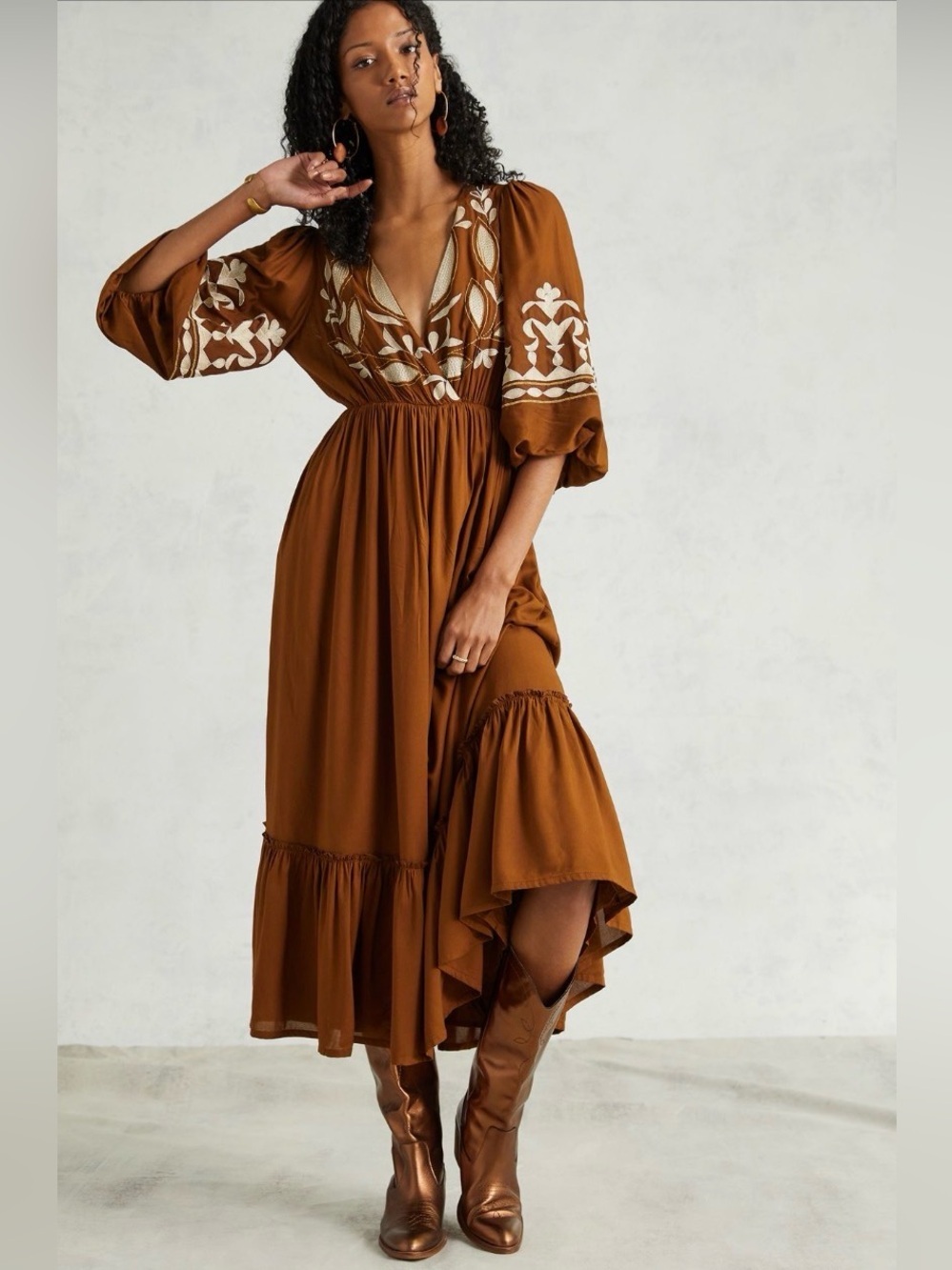Anthropologie Let Me Be Embroidered Open Back Maxi Dress Brown Ivory Boho Size S